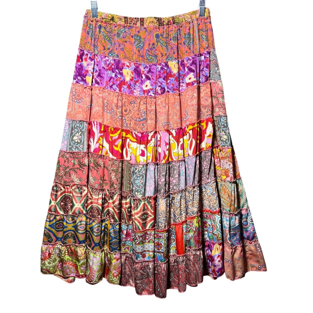 CIENNA Bohemian Patchwork Tiered Maxi‎ Skirt Silk Polyester Blend